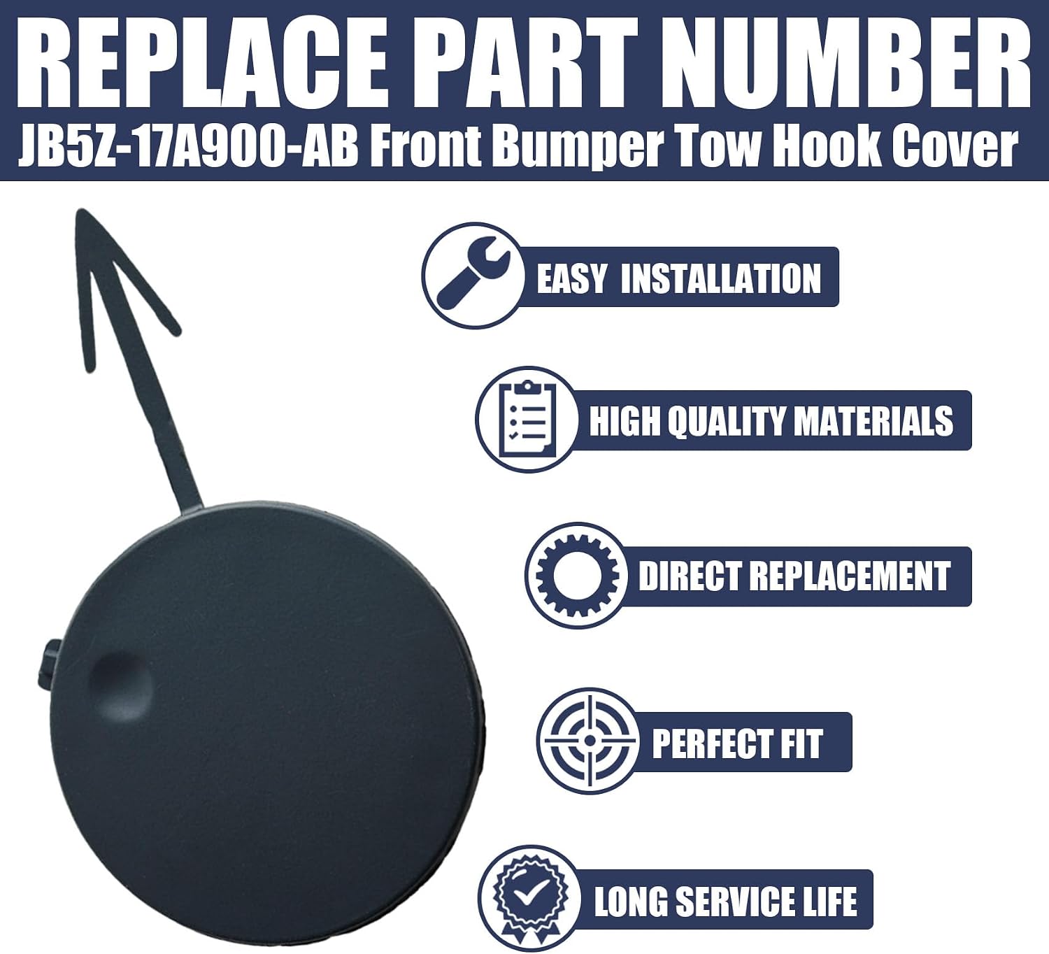 Front Bumper Tow Hook Cover Cap Tow Eye Cap Fit for Ford Explorer 2018-2019, JB5Z-17A900-AB, Unpainted, 1PC
