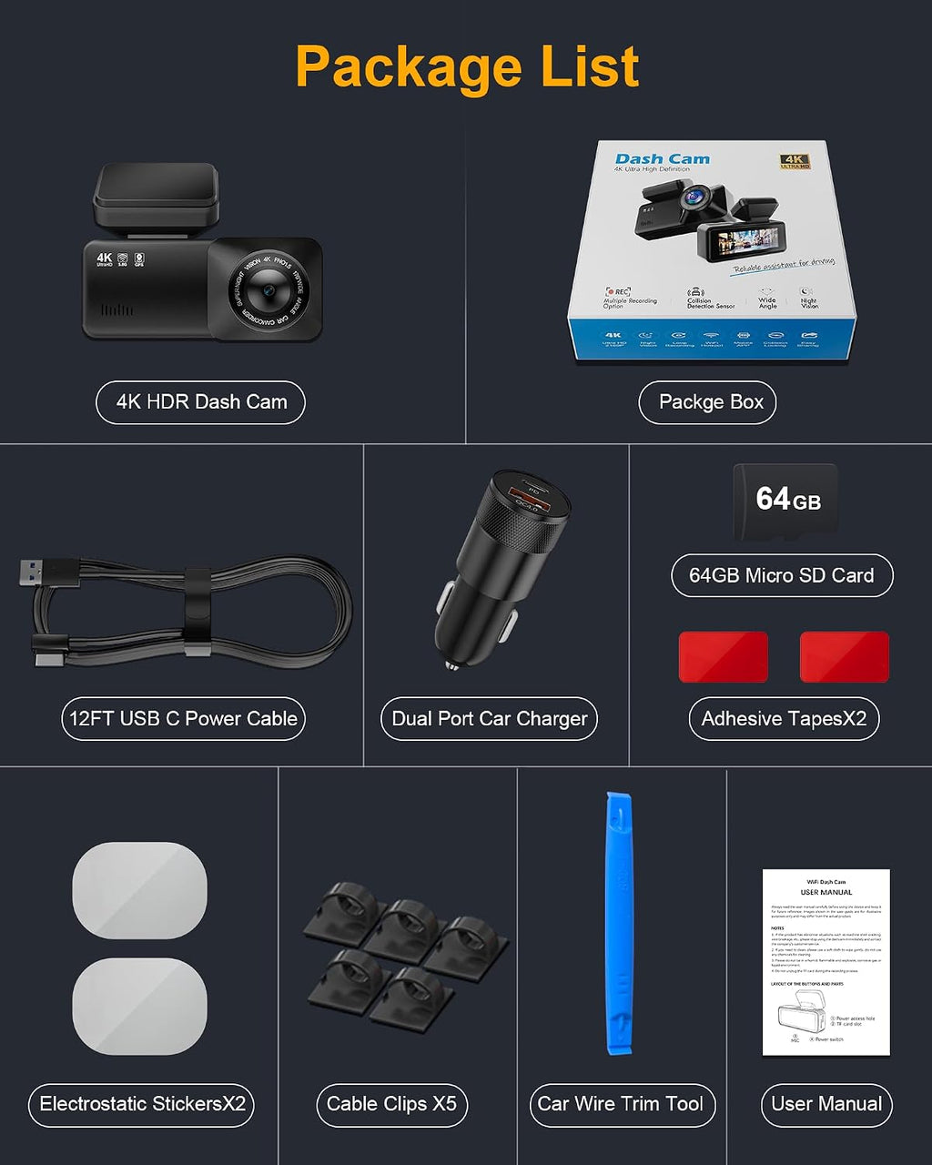 4k dash cam front, built-in 5.8g wifi, free, front angle view