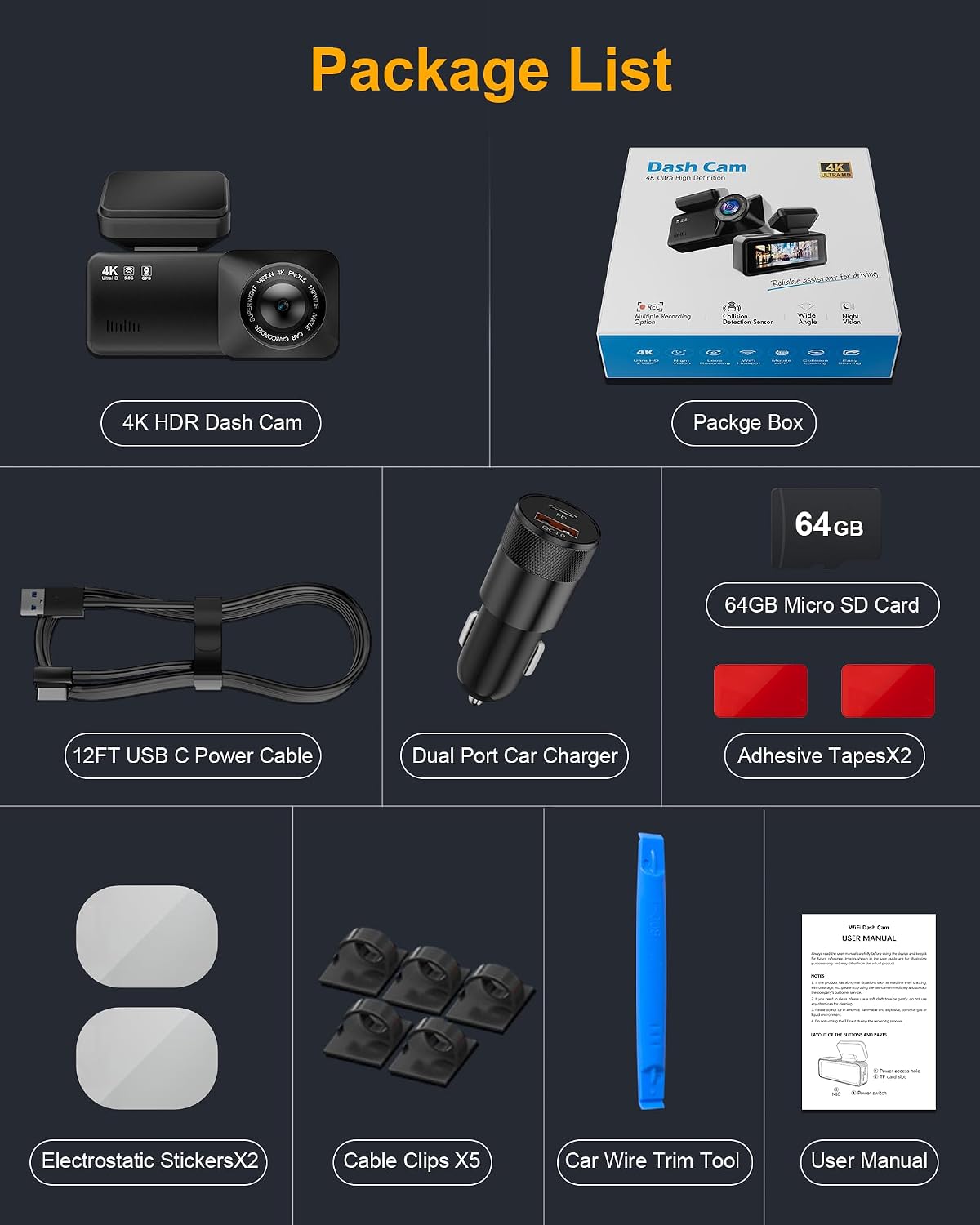 4k dash cam front, built-in 5.8g wifi, free, front angle view