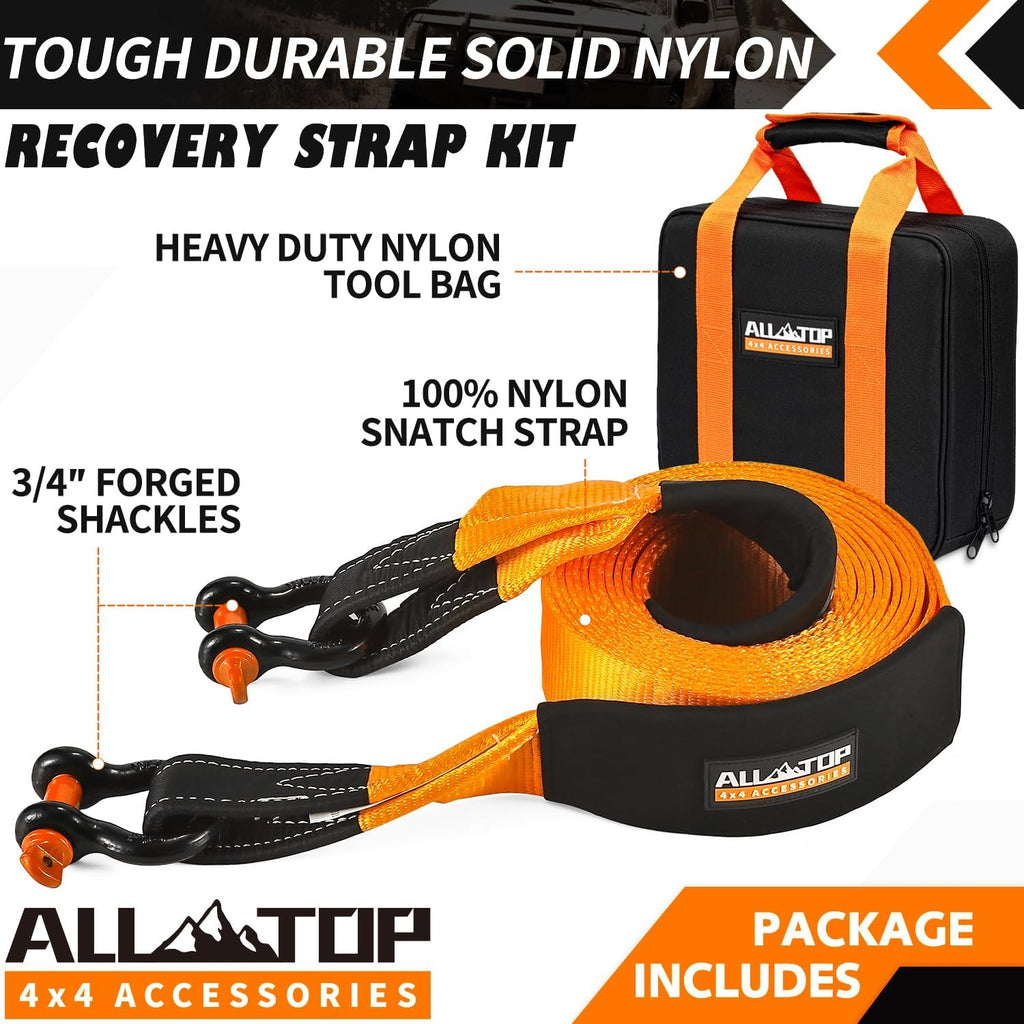 ALL-TOP Heavy Duty Tow Strap Recovery Strap Kit : 3 inch x 30 ft (35,000 lbs) 100% Nylon and 22% Elongation Snatch Strap + 3/4 D Ring Shackles (2pcs) + Storage Bag