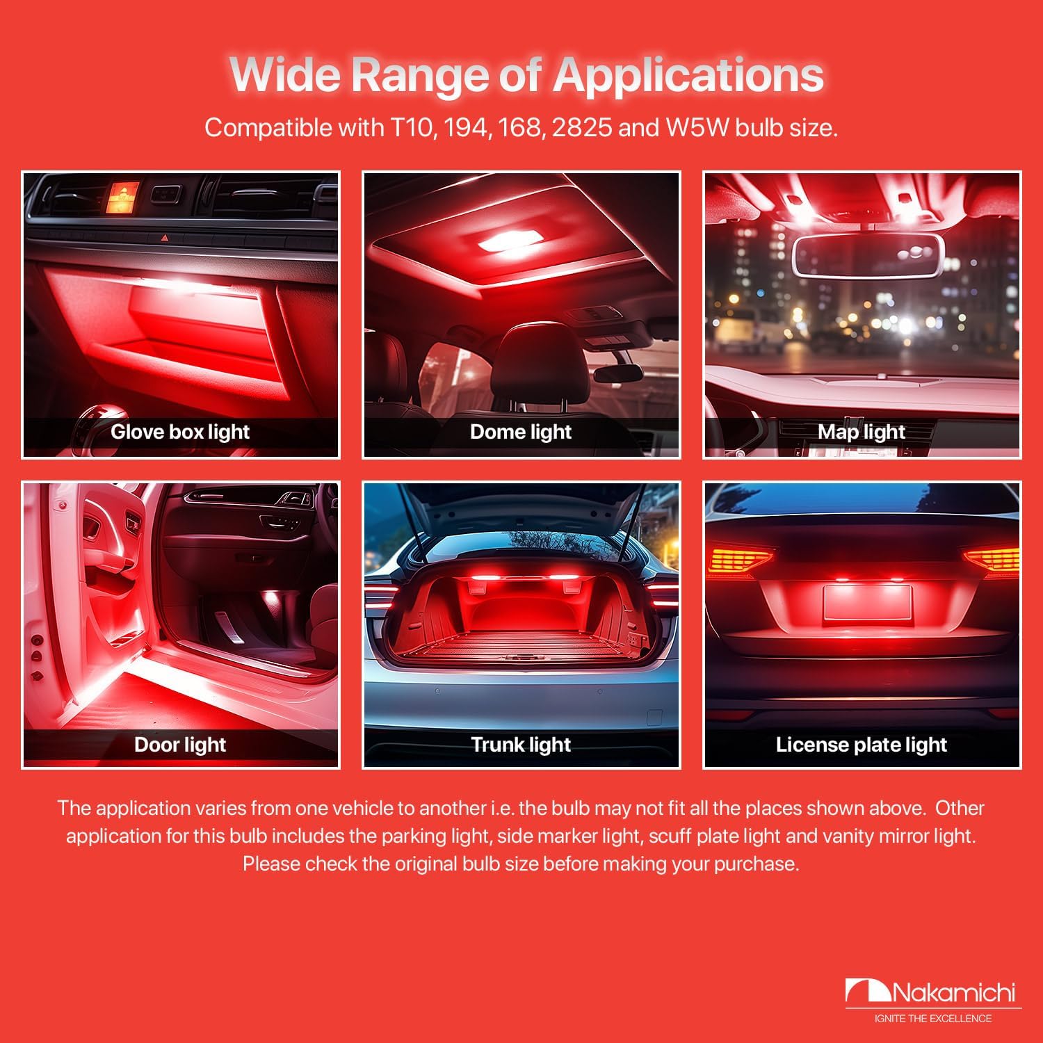 Nakamichi T10 LED Light Bulb 168 2825 194 W5W Wedge 12-SMD 2016 Chipsets LED Replacement Bulbs Error Free for Car Interior Dome Map Door License Courtesy Dash Lights (Monza Red, 12 LEDs, Pack of 2)