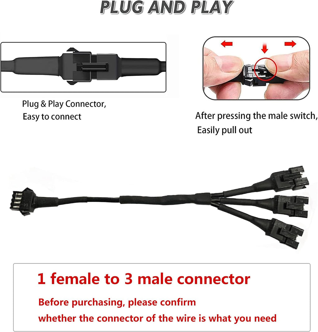 2Pcs 7.5in Motorcycle Extension Wire 3-Way Splitter Y Cable for RGB LED Motorcycle Light Rock Light Multi-Color Neon Strip (1 Female to 3 Male Cable)