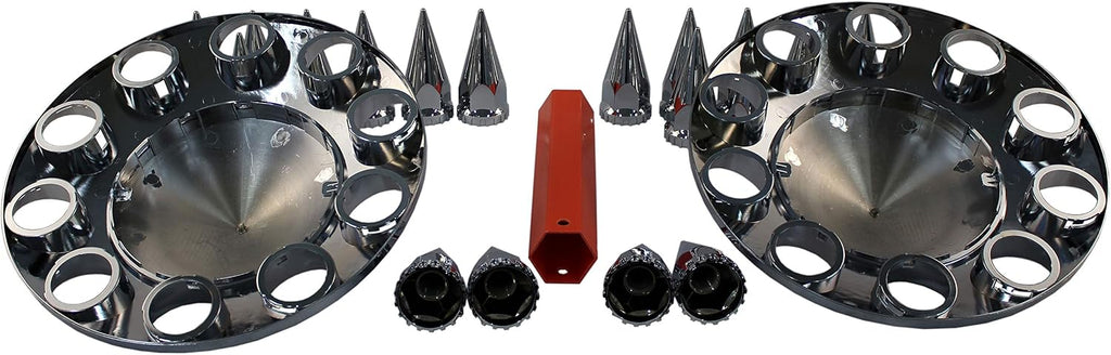 MRJLK Chrome ABS Complete Axle Cover Set with Hub Caps and 33mm Screw-On Spiked Lug Nut Covers for Semi Trucks (2 Front)