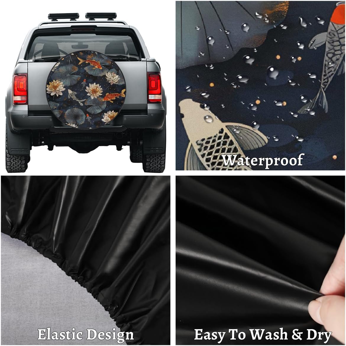 Rv Spare Tire Cover Wheel Lotus Fish Art Tire Covers Wheel Protectors Universal Fit for Camper RV SUV Truck Travel Trailer Accessories Waterproof Cover 15 inch for Diameter 27-29in