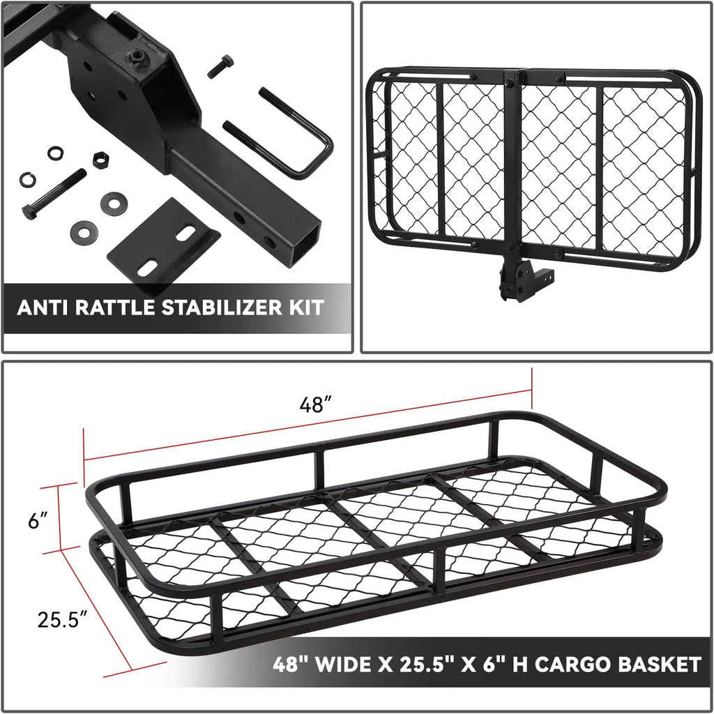 DNA MOTORING RHC-8314 Universal Foldable 2" Tow Hitch Cargo Carrier Basket with Pin+Clip, 48" X 25.5" X 6", 500Lbs Max Capacity