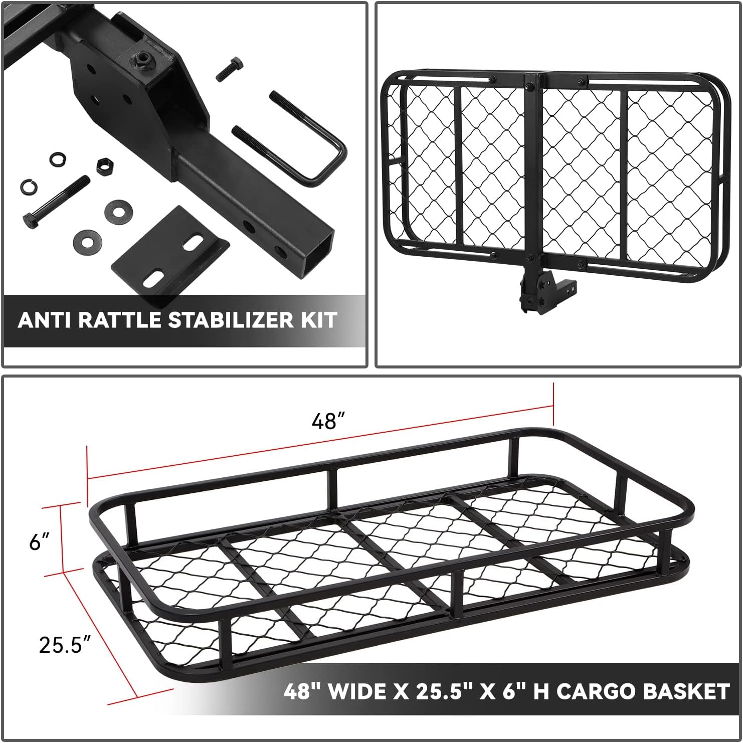 DNA MOTORING RHC-8314 Universal Foldable 2" Tow Hitch Cargo Carrier Basket with Pin+Clip, 48" X 25.5" X 6", 500Lbs Max Capacity