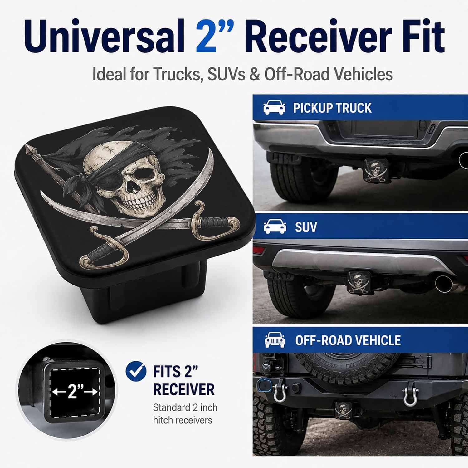 Pirate Skull 2" Hitch Cover, Rubber Towing Hitch Covers Hitch Protector for Camping Travel, Trailer Hitch Cover Tube Plug Insert Car Exterior Accessories for Pickup Trucks