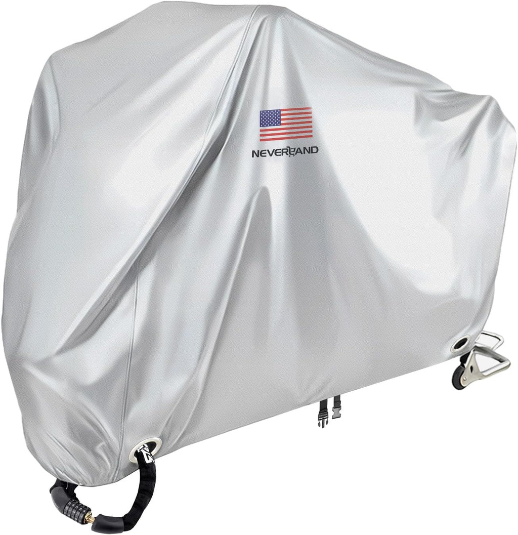 NEVERLAND Motorcycle Cover Waterproof Outdoor - Silver Heavy Duty Scooter Cover, Motorbike Cover with Refletive Logo, Lock-Hole, Bandage, Storage Bag-Protect Against Dust, Debris, Rain and Weather(L)