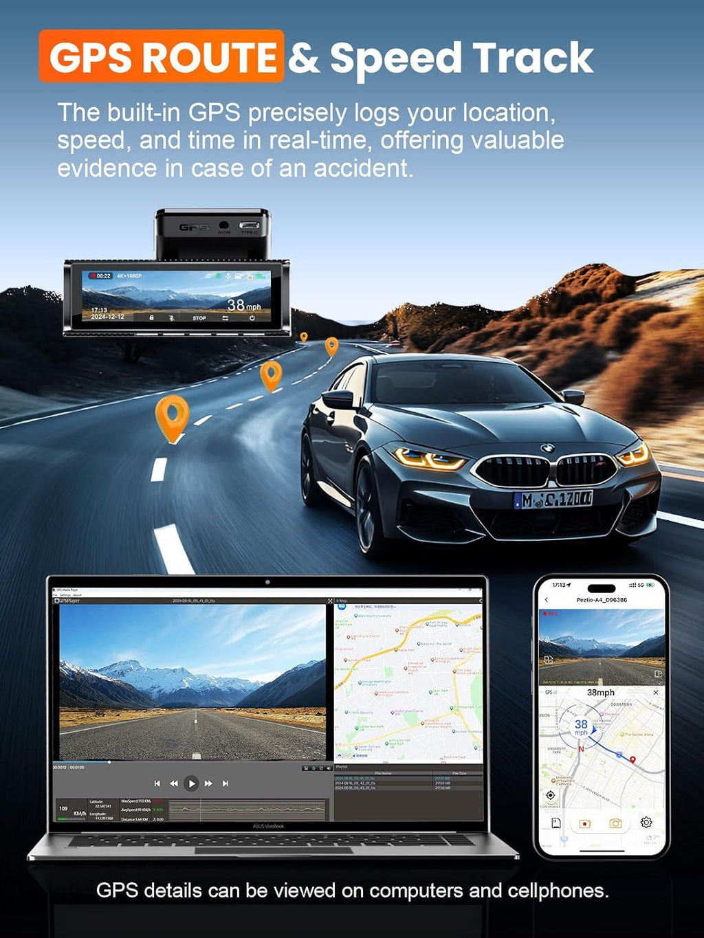 affver 4k+2.5k dash cam front and rear, built-in showing dimensions