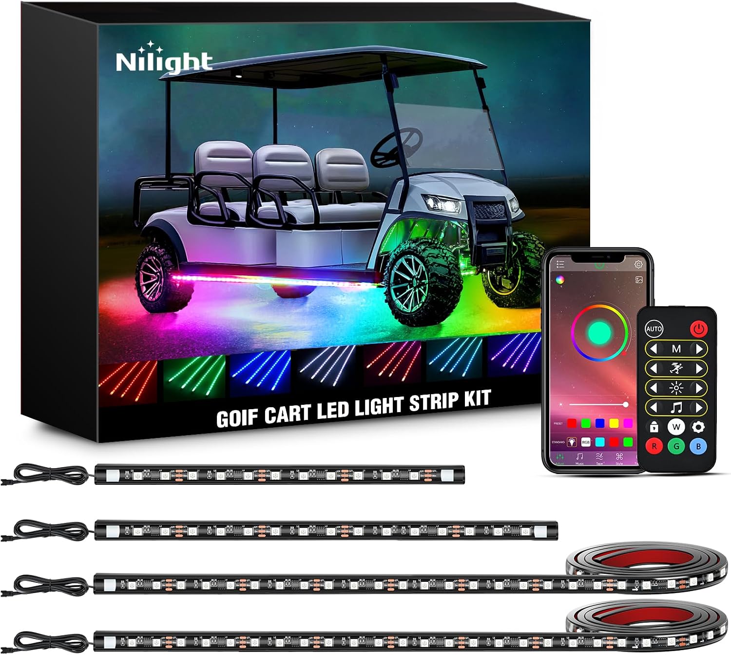 Nilight 4PCS Golf Cart Underglow LED Light Strip Dream Color Multi-Mode Neon Accent Lighting Kit APP and Remote Control Sound Active Music Sync IP67 Waterproof 12V-66V Input for EZGO Yamaha Club Car