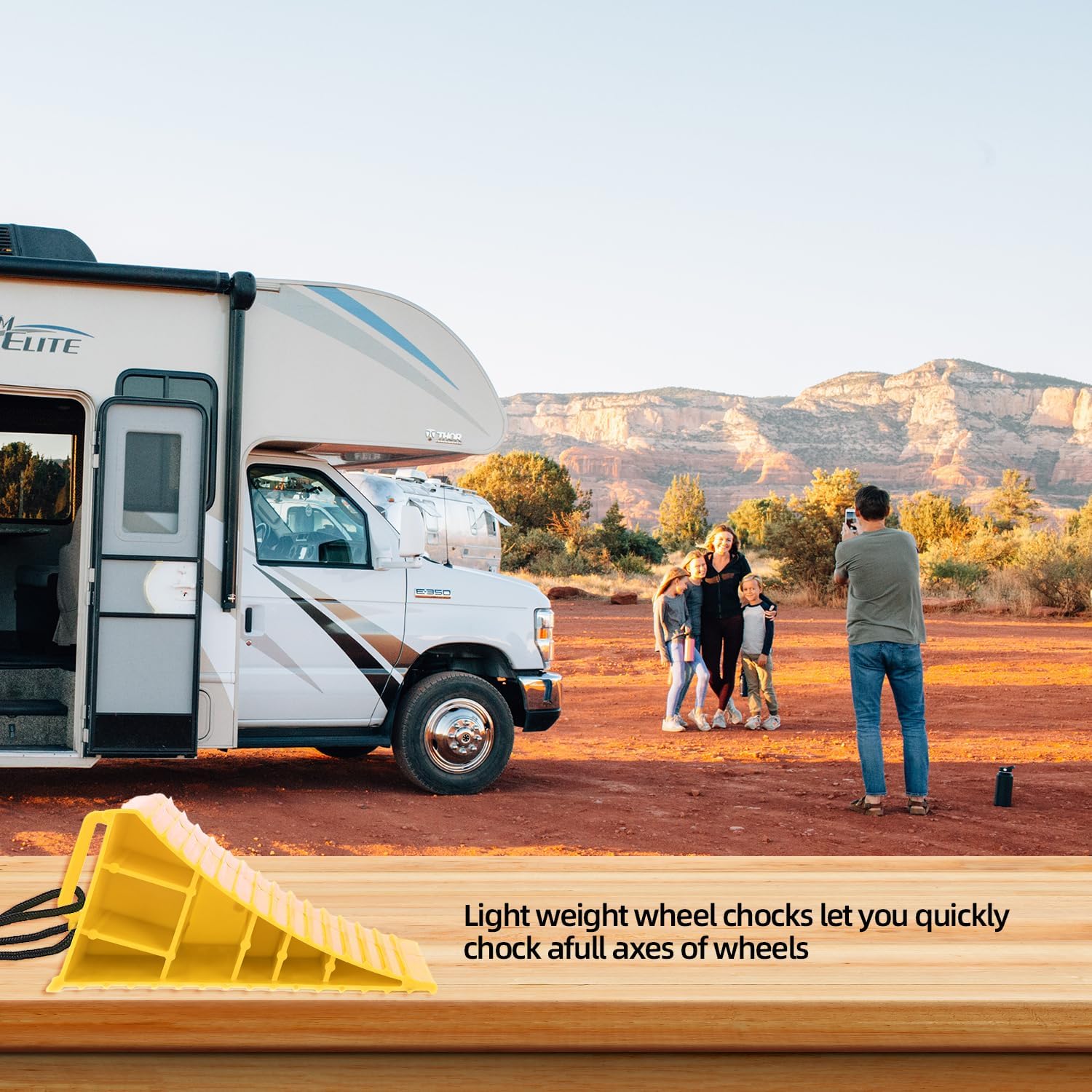Homeon Wheels RV Camper Large Wheel Chocks Extra Wide with Handle and Rope for Travel Trailers, Cars, Tire Chocks Blocks 2 Packs Hard Plastic Heavy Duty(Yellow)