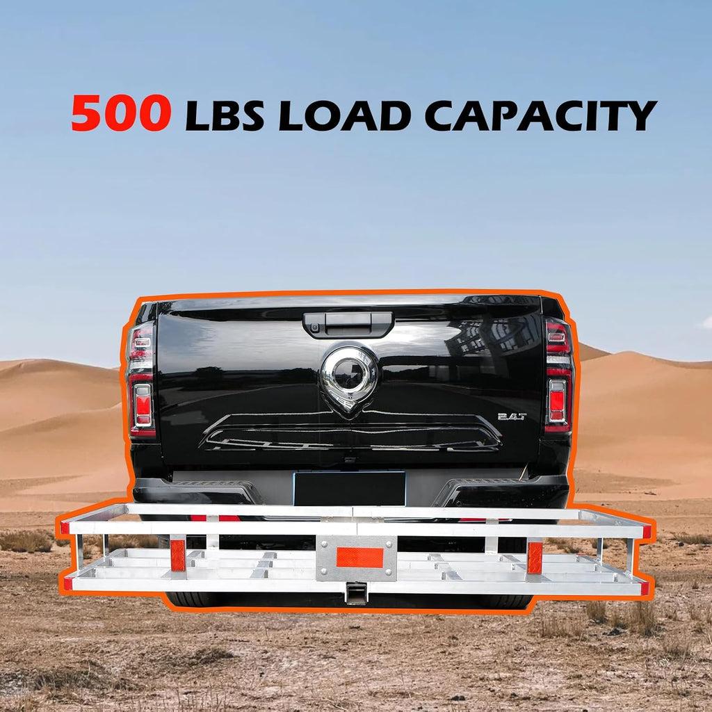 60 x 20 x7 Aluminum Cargo Carrier Hitch Mount - 500lb Heavy Duty Folding Luggage Rack - Powder Coated 2" Angled Shank for Ground Clearance - Rustproof Vehicle Cargo Basket for SUV & Truck Storage