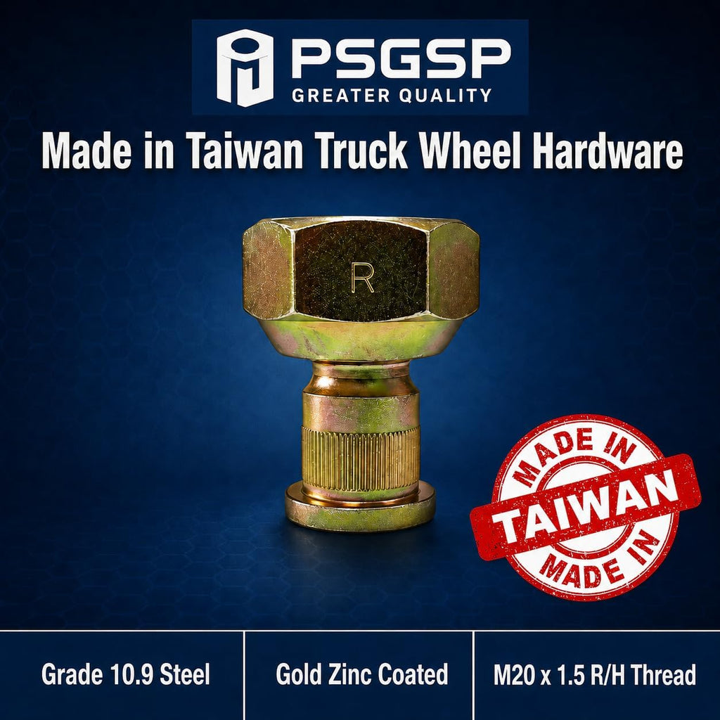 6-Lug Front Wheel Nuts & Studs Set, M20 x 1.5 Right-Hand Thread, Isuzu NPR NPR-HD NQR NRR Reach, GMC Chevy W3500-W5500, Ball Seat, Steel Wheels Only, Made in Taiwan