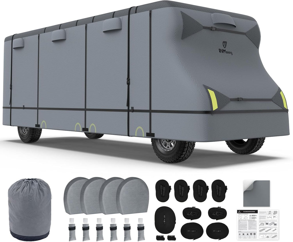 RVMasking Class C RV Cover, 29'1"-32' Heavy Duty 7 Layers Top Class C Motorhome Cover with 4 Tire Covers, Windproof Rip-Stop Anti-UV Camper Cover, Dark Gray
