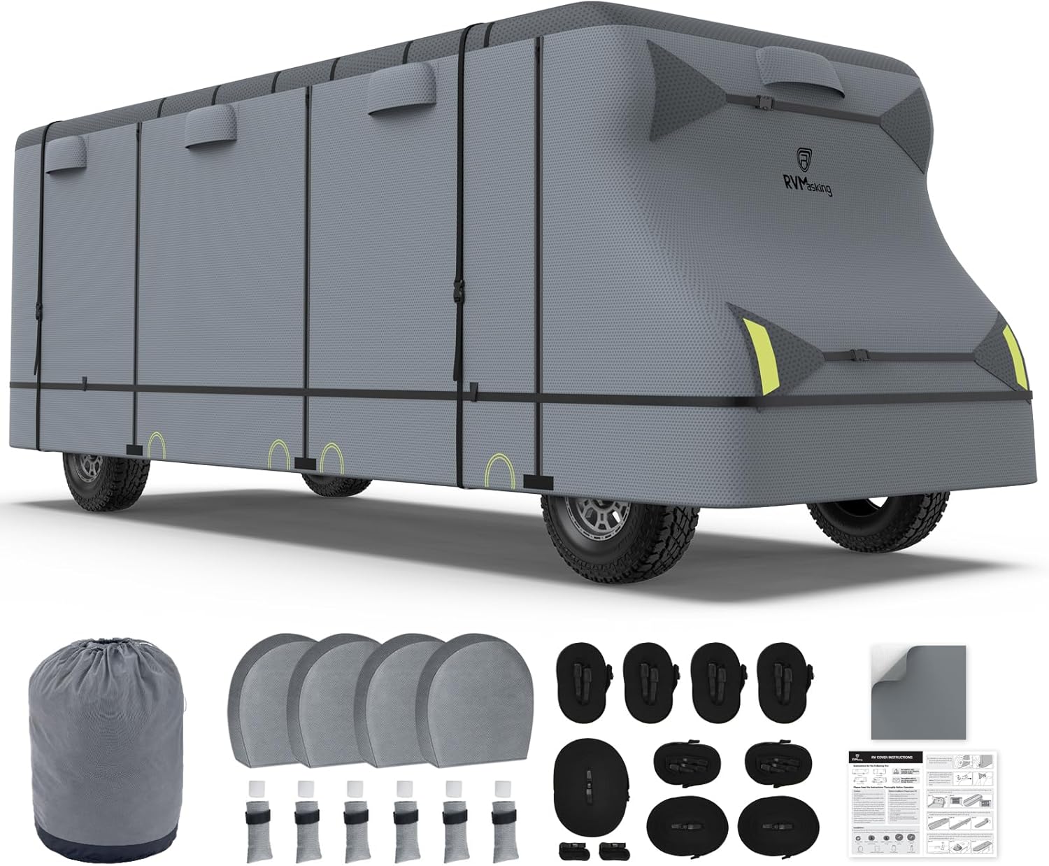 RVMasking Class C RV Cover, 29'1"-32' Heavy Duty 7 Layers Top Class C Motorhome Cover with 4 Tire Covers, Windproof Rip-Stop Anti-UV Camper Cover, Dark Gray