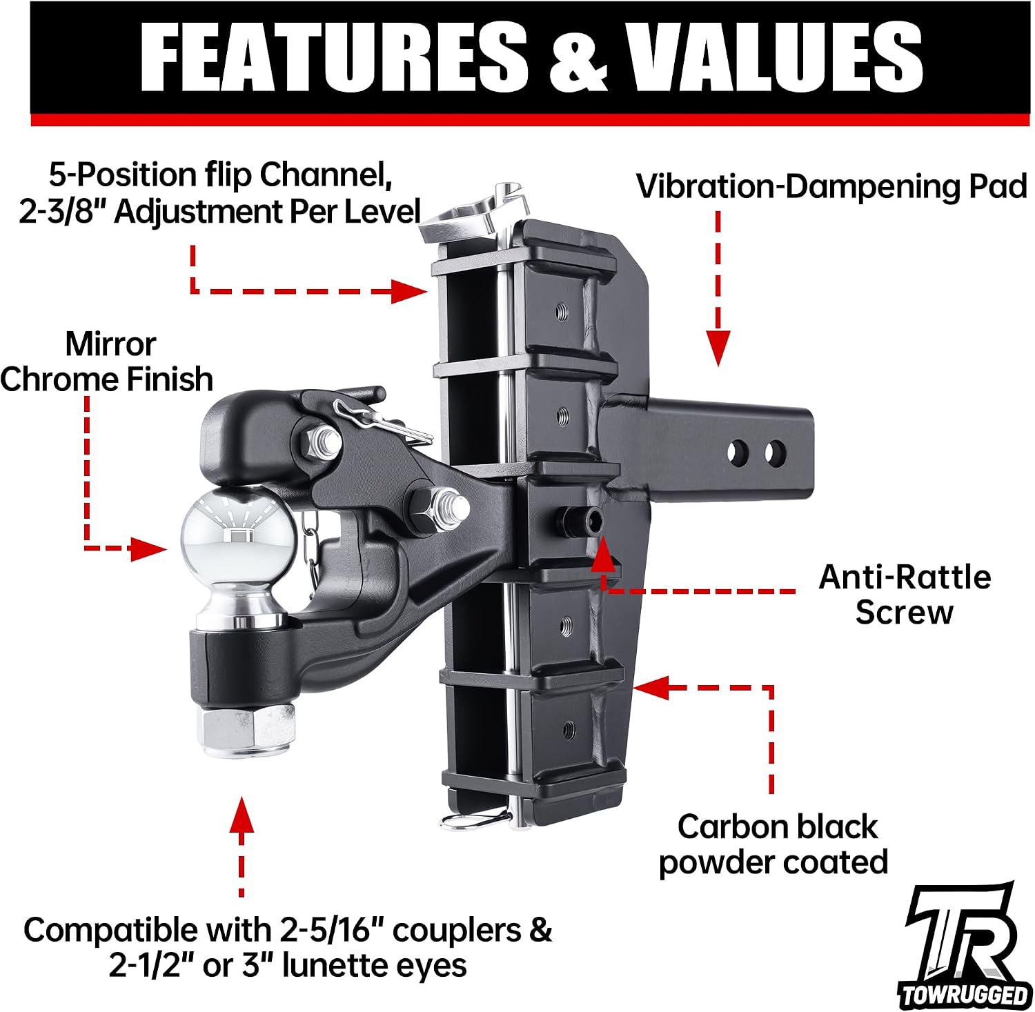 2-5/16"Ball Pintle Attachment Bundle with Adjustable Channel Mount Hitch, 6-7/16" Drop 6-5/8"Rise 20,000 LBS 2.5" Receiver