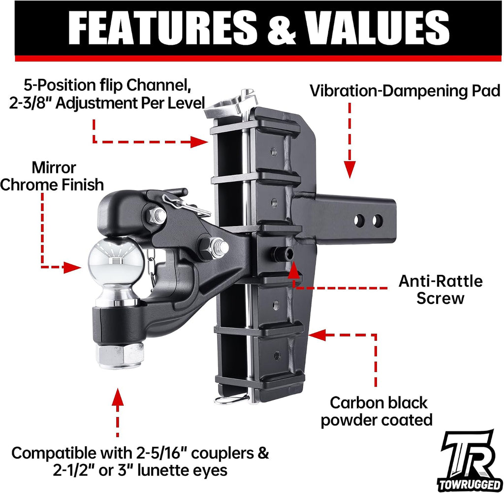 2-5/16"Ball Pintle Attachment Bundle with Adjustable Channel Mount Hitch, 6-7/16" Drop 6-5/8"Rise 20,000 LBS 2.0" Receiver