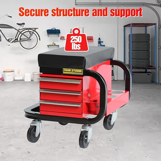 Tool Box Built-in Creeper Seat, Garage Shop Roller Seat, 3 Drawers Heavy Duty - Image 6