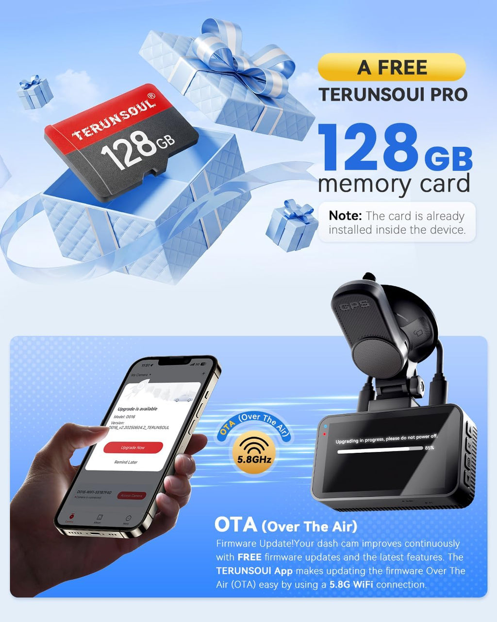 4k+4k dash cam, free 128gb card, 5.8ghz wifi6, package contents