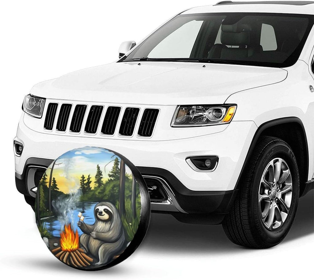 Sloth Toasting Marshmallows Universal Spare Tire Cover,15 Inch,Waterproof Polyester Wheel Protector Funny Cute Tire Covers for Rv Suvs Trucks Travel Trailers Outdoor,Easy Install