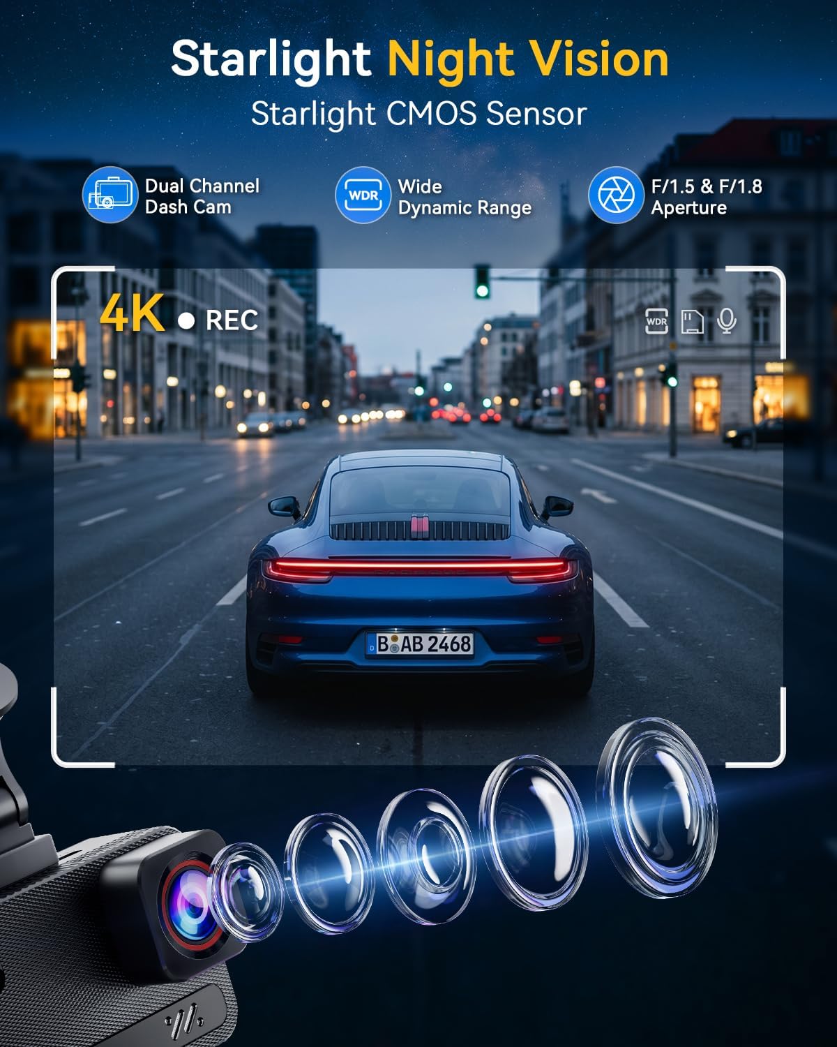 4k+4k dash cam, free 128gb card, 5.8ghz wifi6, close-up detail