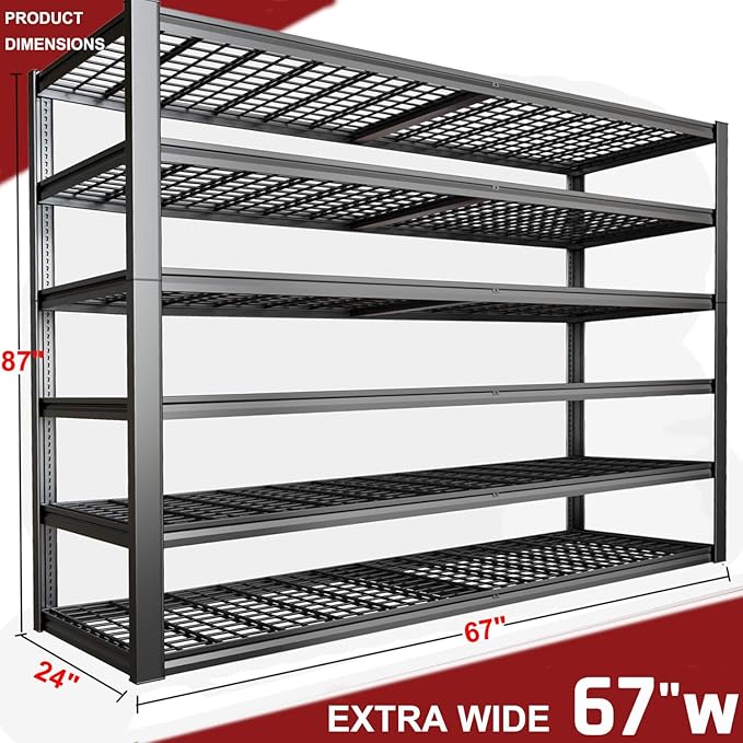 67" W Garage Shelving Heavy Duty, Adjustable 6 Tier Metal Shelves, Commercial - Image 2