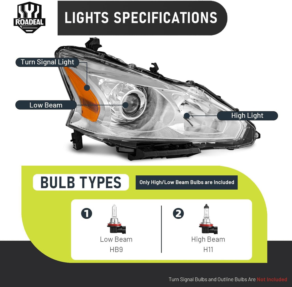 Headlights W/Bulbs for 2013 2014 2015 Nissan Altima 4-Door Halogen Headlamp Replacement Driver & Passenger Side (DOES NOT FIT XENON/HID)