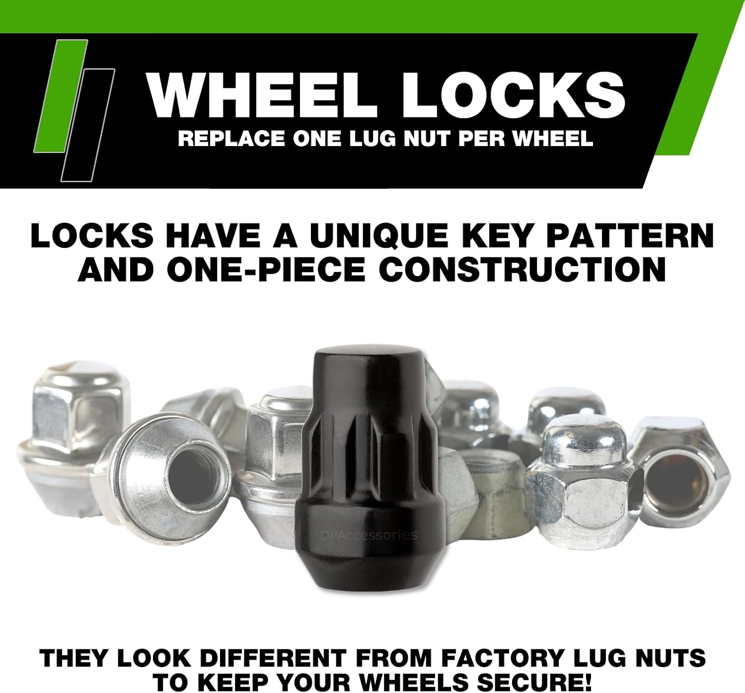 DPAccessories Locking Lut Nuts Compatible with 2005-2021 Nissan Frontier | for Factory Aluminum Wheels Only | Set of 4 Black Wheel Locks & 1 Key | DNIFRO02F-BK/LK1