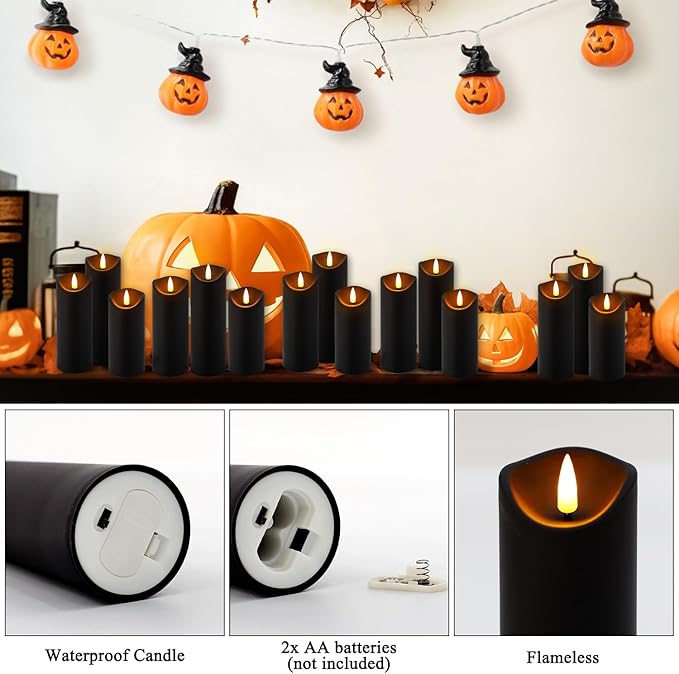 24-Pack Black Flameless LED Candles with Remote & Timer (3 Sizes) - Batte...
