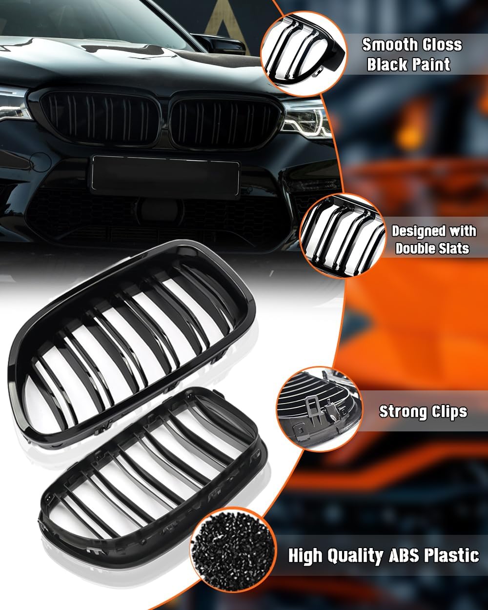 Double Slats Gloss Black Front Grill Compatible with 2012-2018 BMW 3 Series F30 F31 F35 320i 328i 335i, ABS Kidney Grille