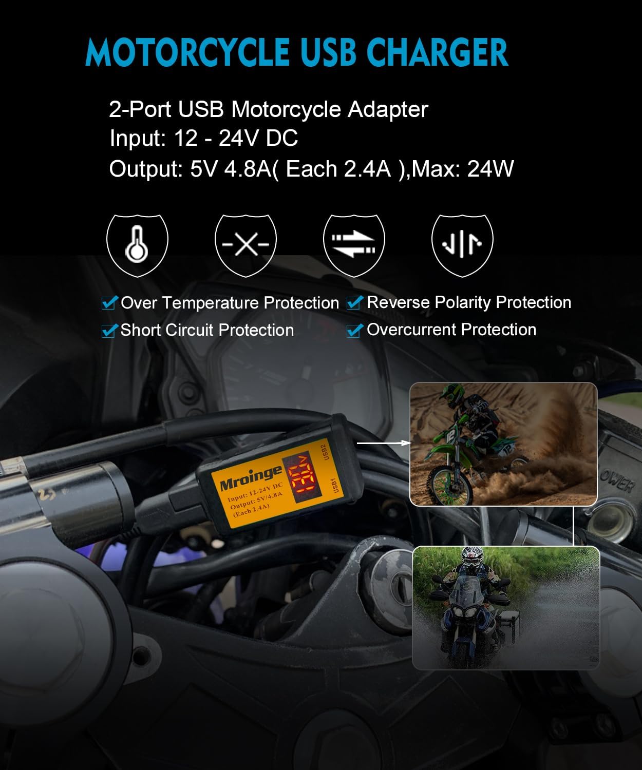 Motorcycle USB Charger, Mroinge 4.8A SAE to USB Adapter with Voltmeter & Ammeter, Quick Disconnect Plug with Dual USB Charger Perfect for Smart Device Charging, with ON/Off Switch