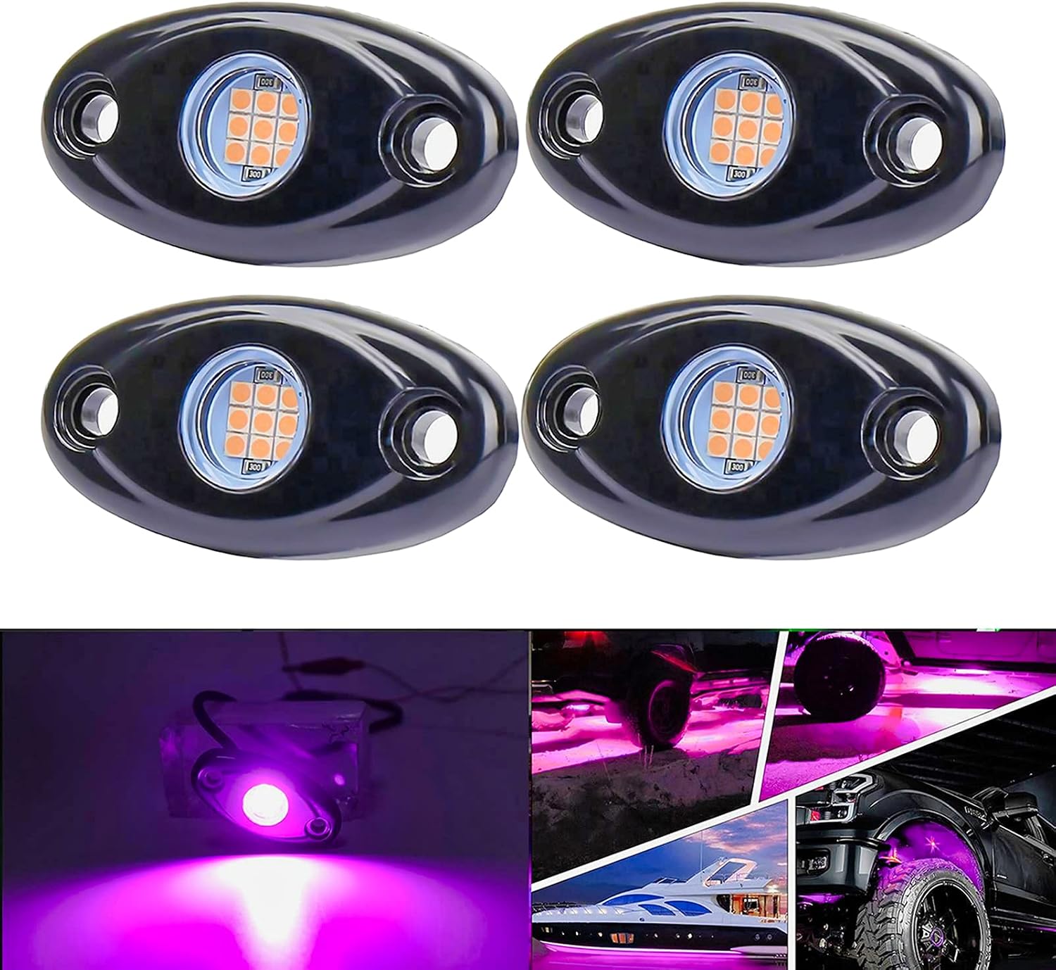 Purple Pink LED Rock Lights with 4 Pods Neon 12V Underglow Underbody Kit Crawler Crawling Dome Exterior Wheel Lamp Compatible for ATV RZR UTV SUV Off-Road Auto Boat Motorcycle Trail Rig Fender