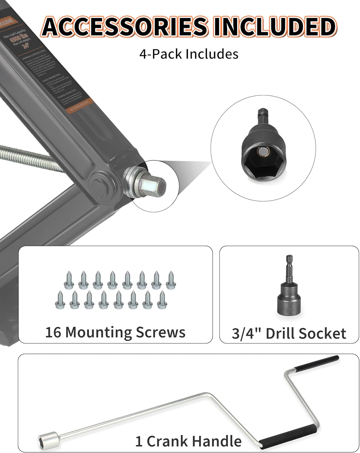 OULEME 24" RV Camper Scissor Jack, 6500 lbs Travel Trailer Leveling Stabilizer with Crank Handle & Drill Socket - Set of 4