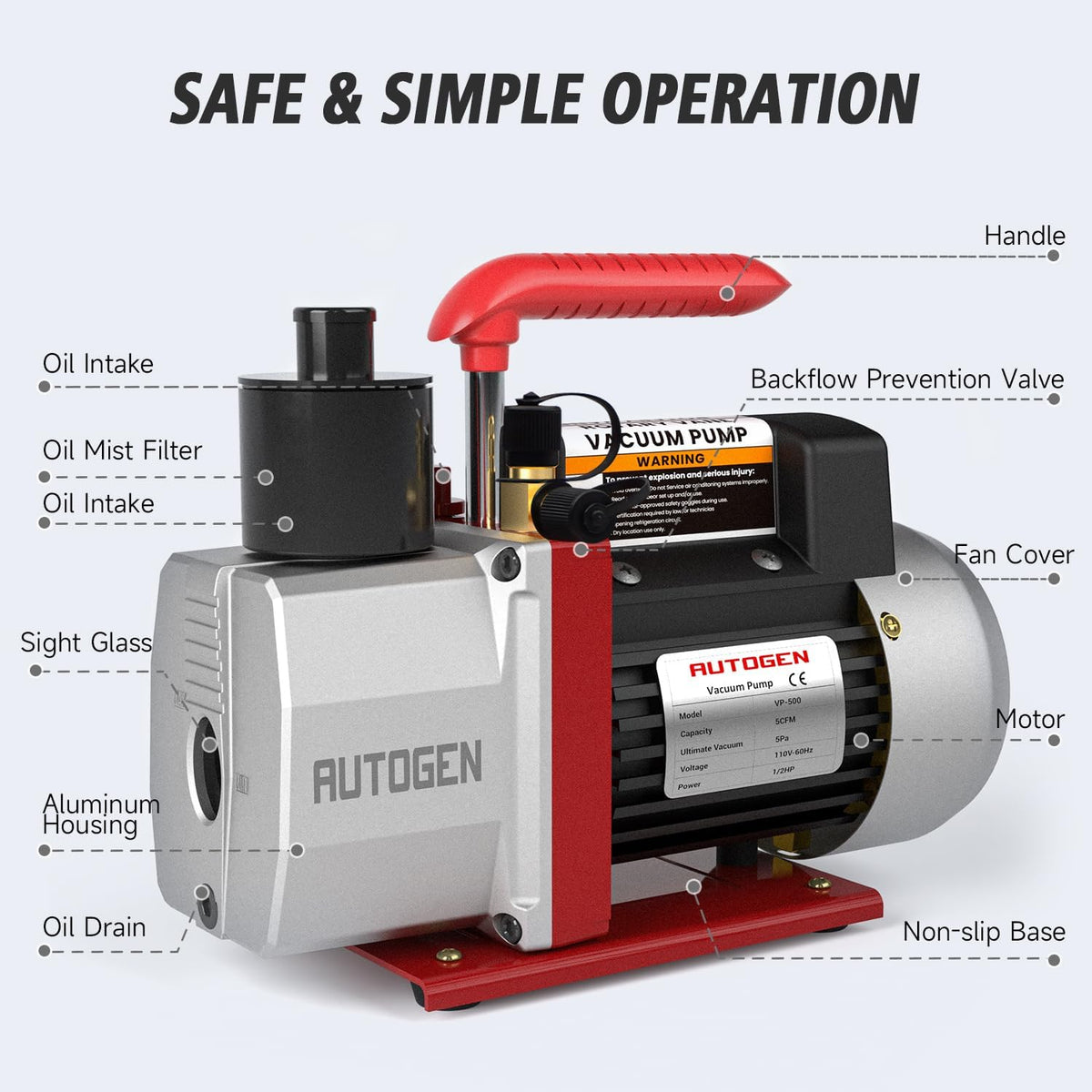 5cfm vacuum pump, 1/2hp 38 micron 110v hvac, side view