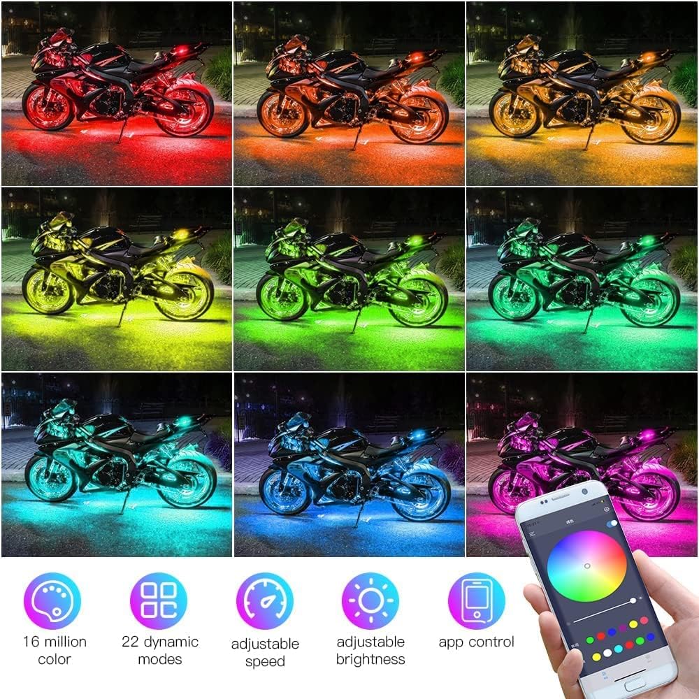 YUGUANG 12PCS Motorcycle Underglow Kit, Motorcycle Lights Underglow Kit with APP Control Multi-Color Music Sync Waterproof RGB Under Glow for Motorcycles