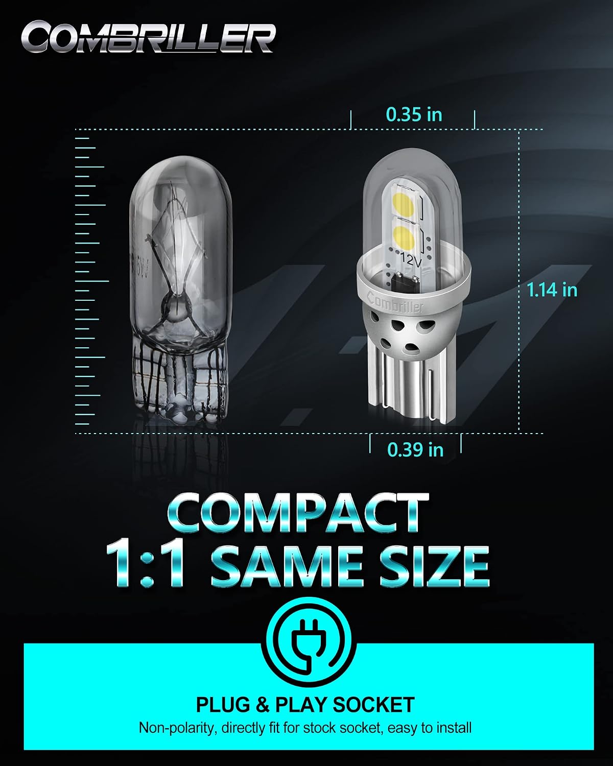 Combriller 194 LED Bulb White, 168 T10 W5W 2825 LED Bulbs with Protective Cover and Hollow-carved Heat Sink Design, Led Replacement Bulbs for Dome Map Door Courtesy Trunk Parking Lights, Pack of 10