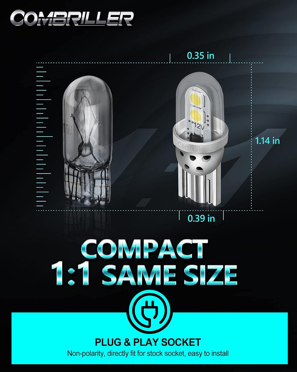 Combriller 194 LED Bulb White 6000K Super Bright 168 2825 W5W T10 LED Bulbs with Protective Cover and Hollow Design Interior Car Led Lights for License Plate Light Dome Map Door Courtesy Lights,2 Pack