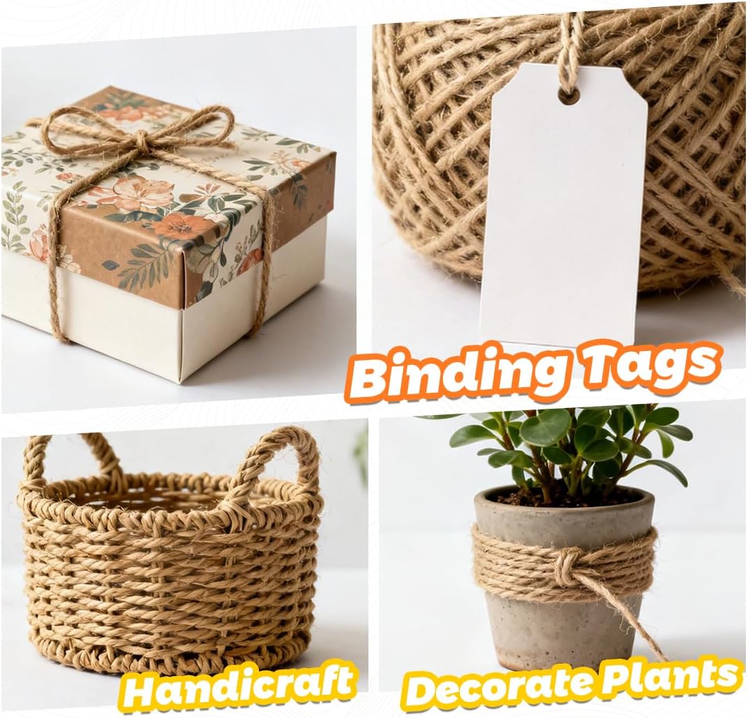 Twine String Natural Jute Twine & Cotton Twine Bundle - Bulk Packing Twine for Crafts, Gift Wrapping String, Gardening Twine, Home Decor (3 Rolls, 984ft, 2mm)