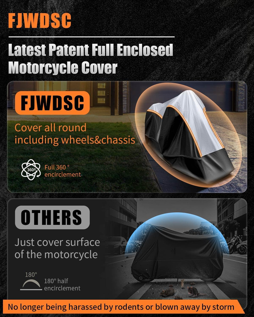 Full Enclosed Large Motorcycle Cover Waterproof Outdoor/Indoor Storage Motorcycle Cover Heavy Duty with Reflective Strips Fits Motorcycles Length up to 118" with Side+Top Box (Black+Sliver)