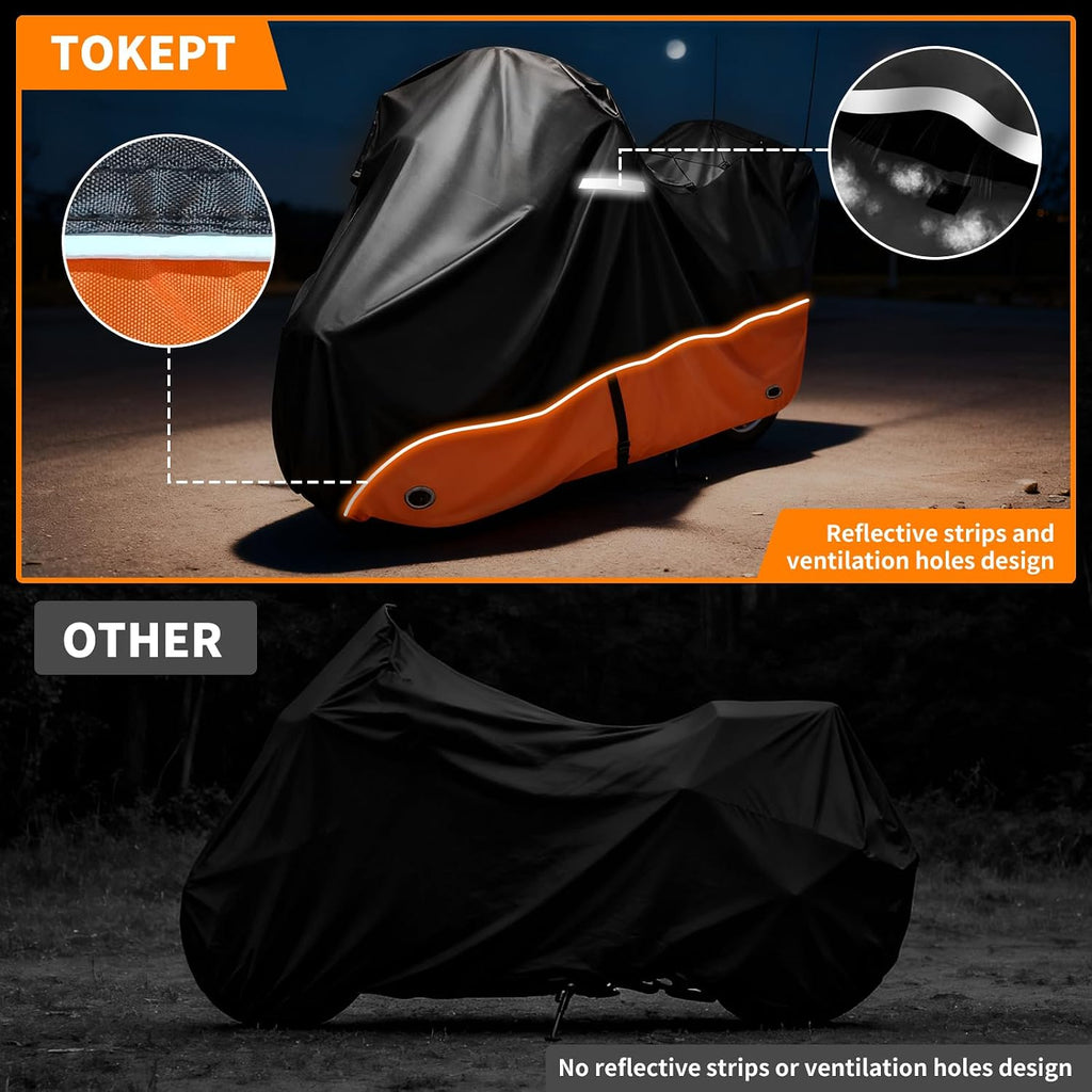 Motorcycle Cover, 110 Inch with Side+Top Box Touring Models Specific Vehicle Cover Storage Suitable for Harley-Davidson Ultra Limited, Road Glide Limited, Gold Wing, Road Master Orange