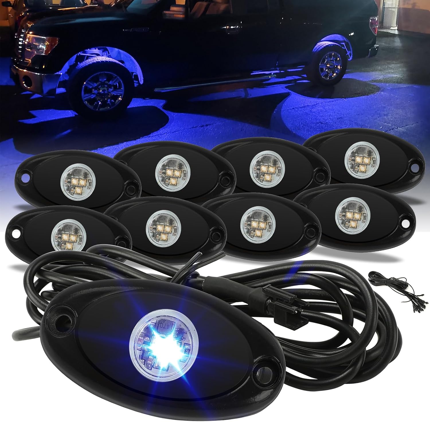 SUNPIE 8 Pods Quick Connect Blue Rock Lights, 4M Extension Wires Each Light, 3 High Power Chips, Rubber Mounting Pads, IP67 Waterproof Rock Lights Fits for Trucks Trailer Cars SUV ATV UTV Boats