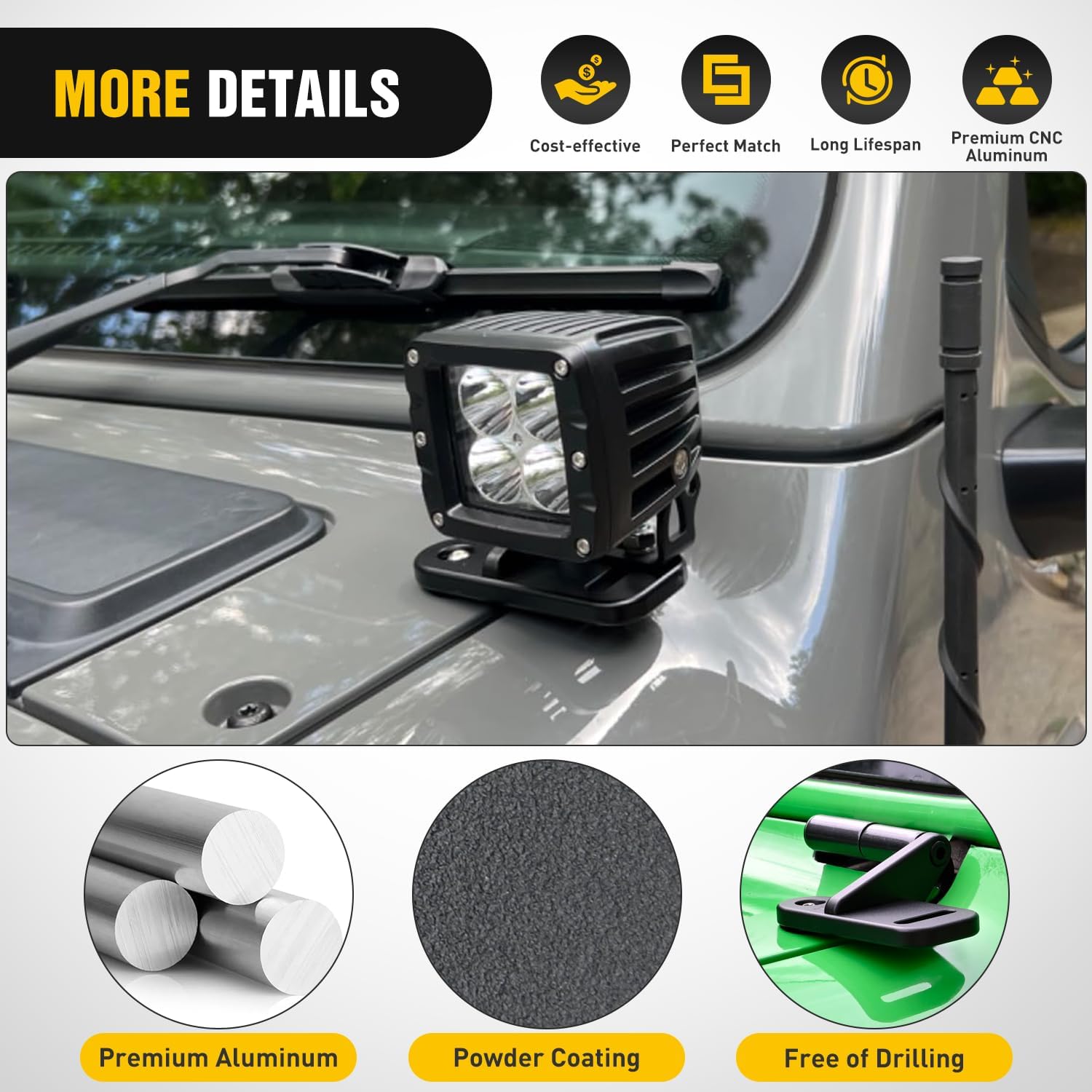 Nilight Light Mounting Bracket Hood Cowl Mount Brackets for Front A-Pillar Auxiliary Offroad LED Work Pods Lights on Jeep Wrangler JL JLU Gladiator JT 2018 2019 2020 2021 2022 2023 2024 2025, Black