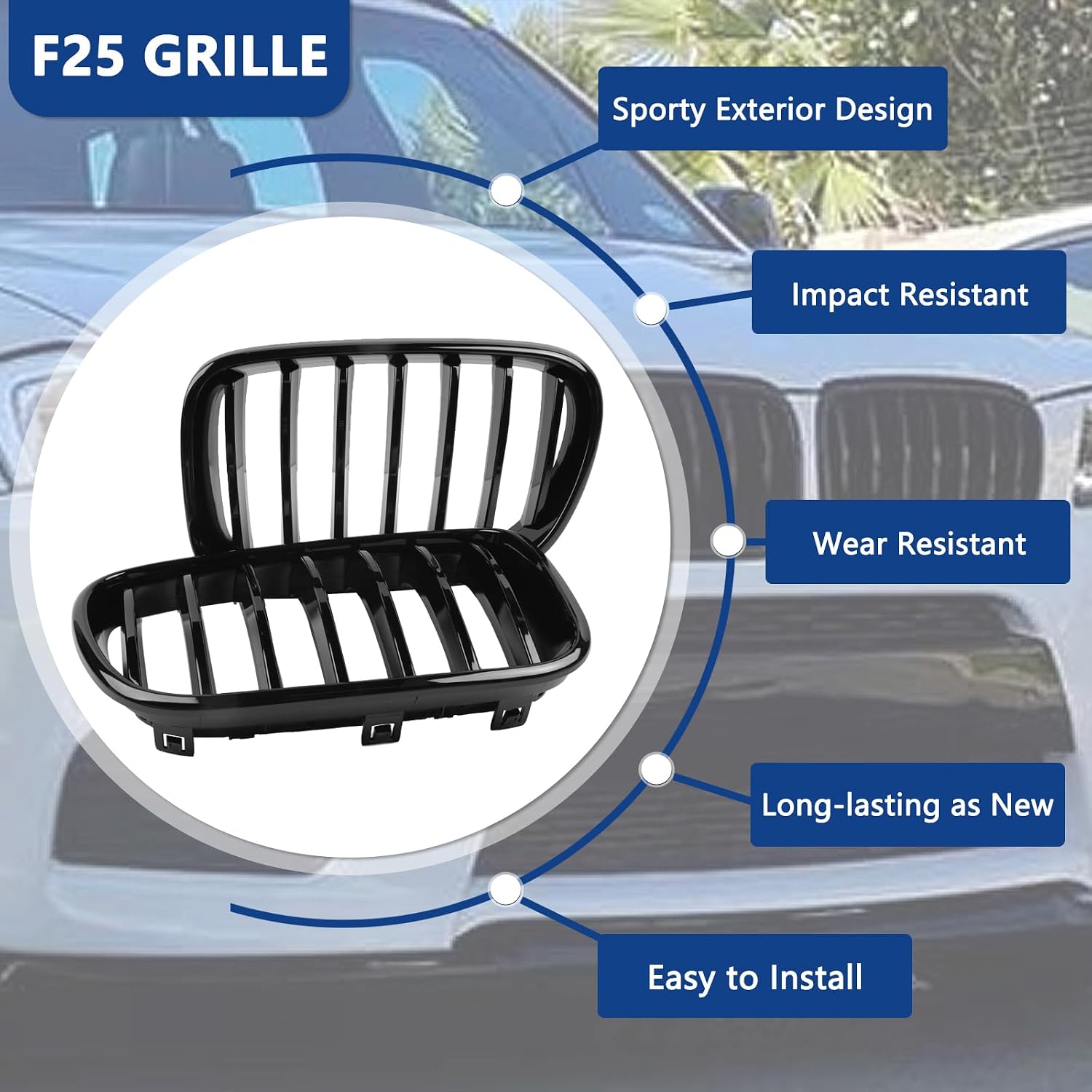 F25 Grill, Single Slat Gloss Black Kidney Grille,ABS Plastic,2pcs | Direct Snap-on Replacement,Sporty Style Upgrade,Compatible with BMW 2011-2013 X3 F25 28i 30d 35i 35d (xDrive)