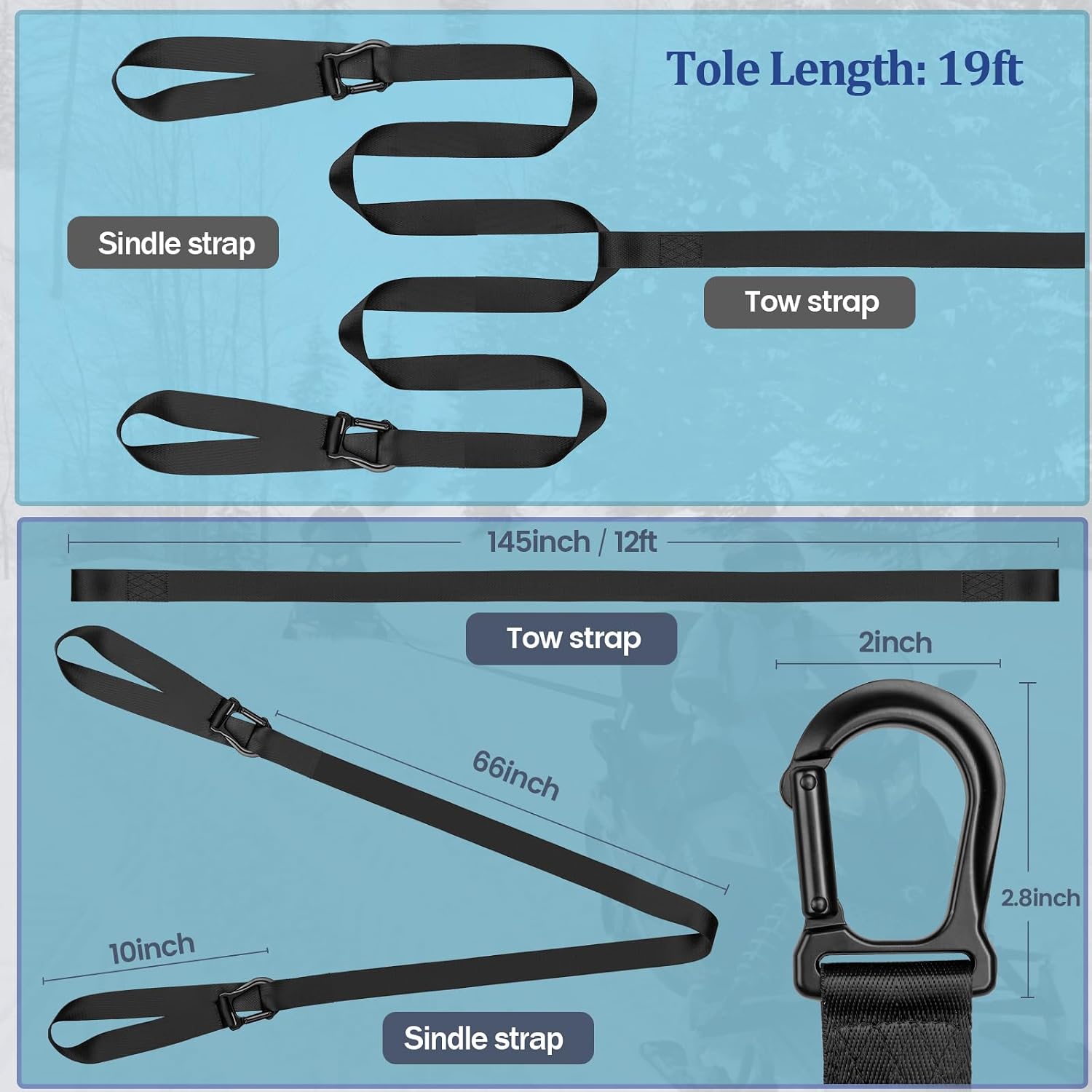 Snowmobile Tow Strap with Hook, 19ft Tow Rope, Quick Hook Up for Sled, Skidoo, ATV, Emergency Kit Accessory