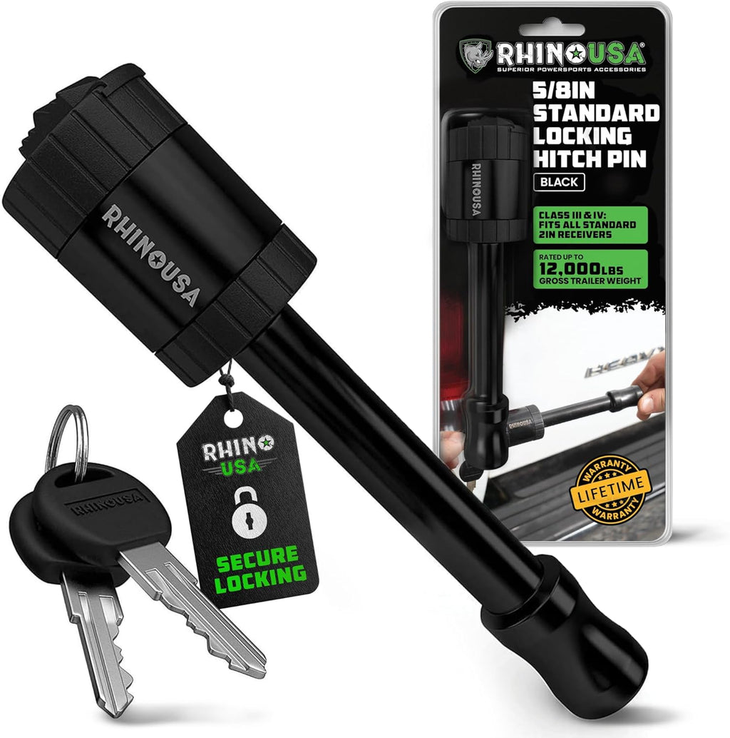 Rhino USA 2” Trailer Hitch Pin – Patented 5/8" Locking Receiver Pin for Class III/IV Hitches – Weatherproof, Anti-Theft, Debris-Protected – Tow Truck Ready – Black 1PK
