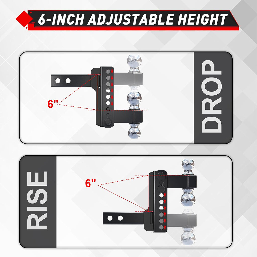 TYT Adjustable Truck Trailer Hitch for 2.5" Receiver, 6" Drop/Rise Tow Hitch with Dual Balls (2" & 2-5/16"), Compatible with Heavy-Duty Trailer Systems up to 20,000 lbs