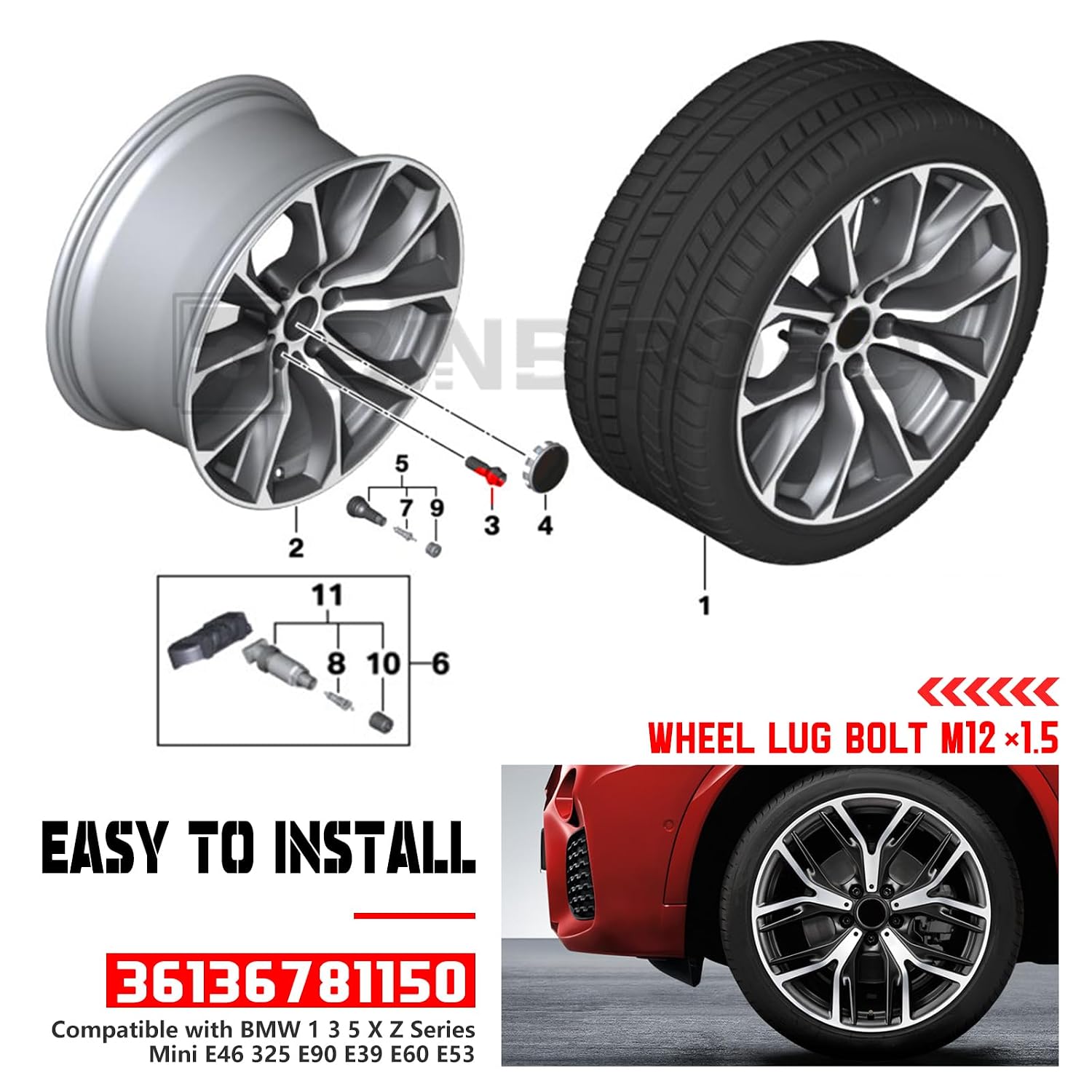 Wheel Lug Bolt M12×1.5 Black Compatible with BMW 1 3 5 X Z Series Mini E46 325 E90 E39 E60 E53,5Pcs (Replaces 36136781150)