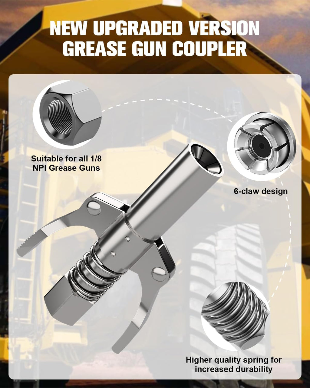 Grease Gun Coupler Grease Gun Tips Grease Fittings, Double Handles, Quick Lock Release, High Pressure 12,000 PSI, 6 Thickened Jaws Grease Coupler, Compatible with All 1/8" NPT Grease Guns