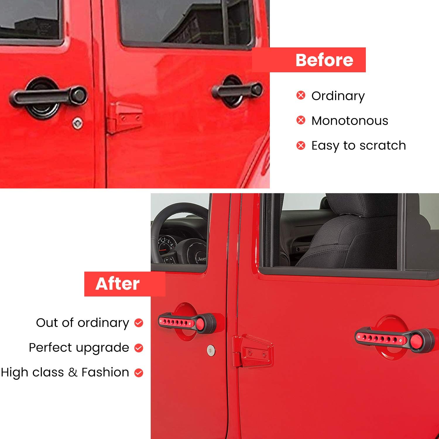 E-cowlboy Grab Handle Inserts Cover+Push Button Knobs Cover Trim for Jeep Wrangler JK JKU Sahara Rubicon Unlimited 2007-2018 Exterior Door Handle Decoration Accessories Aluminum (Red)