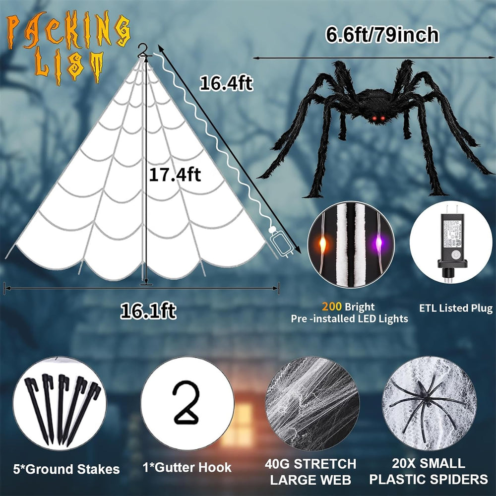 Halloween Giant Spider Web Lights Decorations Outdoor, 16.4Ft 200 LED Lighted...